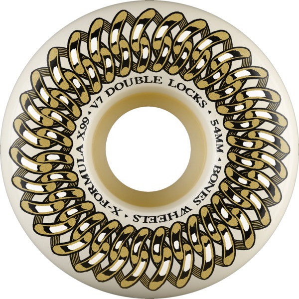 Bones Wheels XF X97 V7 Double-Lock White / Gold Skateboard Wheels - 54mm 99a (Set of 4)