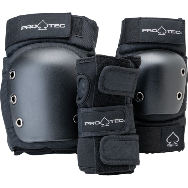 ProTec Skateboard Pads Adult 3 Pack Open Back Black Knee, Elbow, & Wrist Pad Set - X-Large