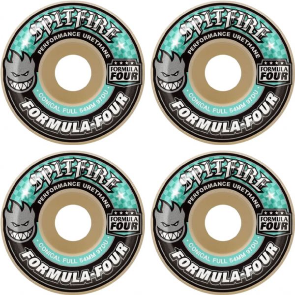 Spitfire Wheels Formula Four Conical Full White / Turquoise Skateboard Wheels - 54mm 97a (Set of 4)