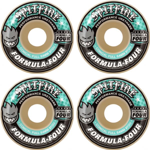 Spitfire Wheels Formula Four Conical Full White / Turquoise Skateboard Wheels - 56mm 97a (Set of 4)