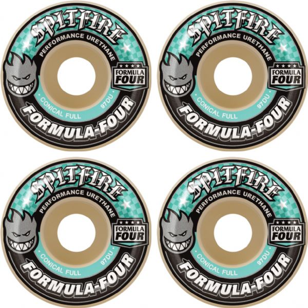 Spitfire Wheels Formula Four Conical Full White / Turquoise Skateboard Wheels - 58mm 97a (Set of 4)